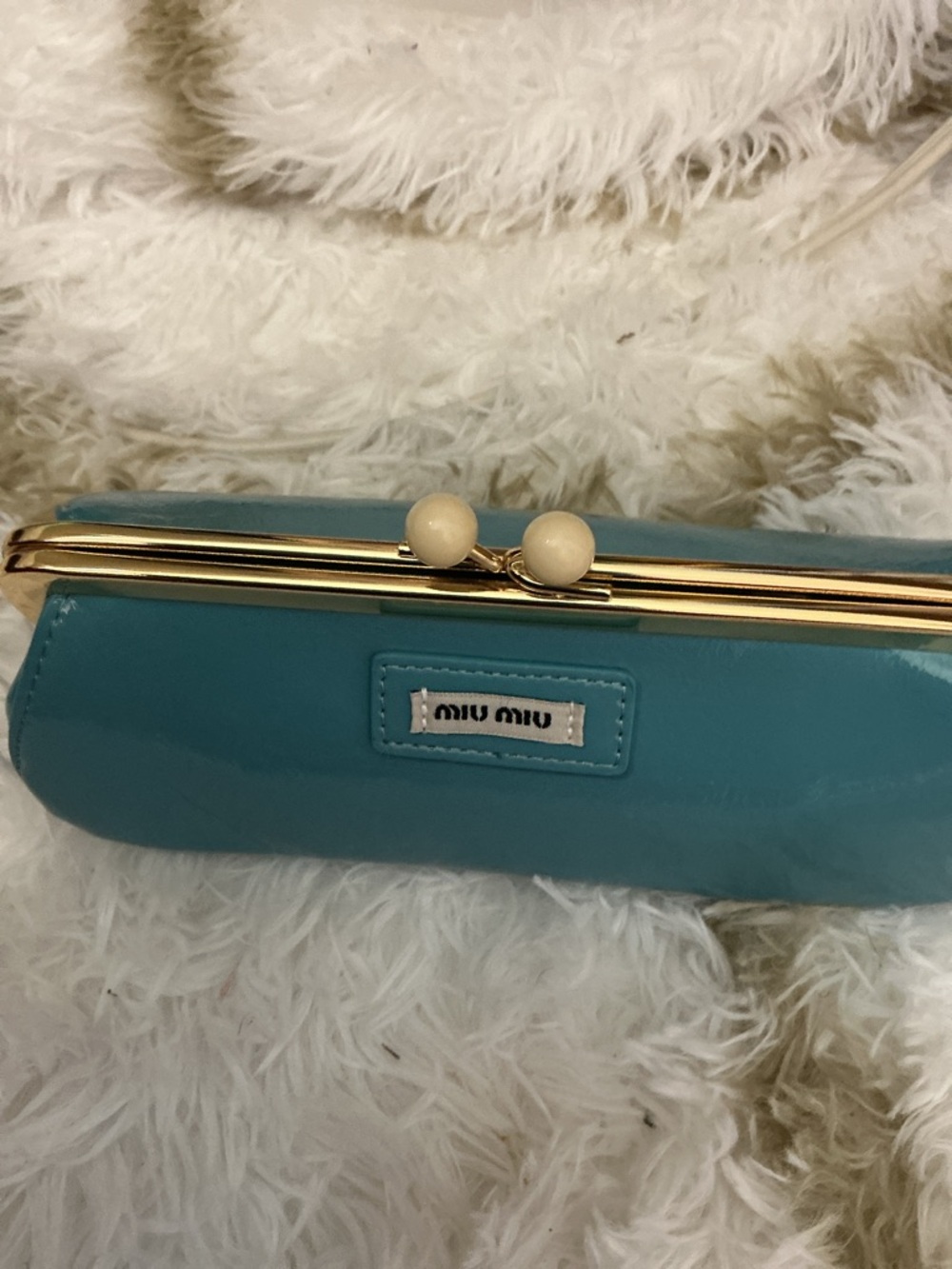 Miu Miu Turquoise Patent Leather Kiss-Lock Clutch with Cream Ball Accents